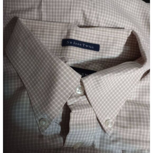 Land's End Shirt Men's Medium Tan White Button Front Long Sleeve Easy Care - Picture 5 of 8